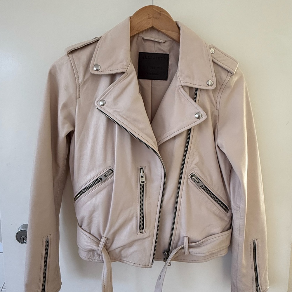 All Saints Cream Leather Moto Jacket
